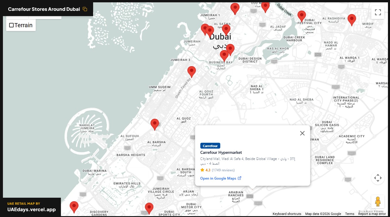 Carrefour store distribution across Dubai